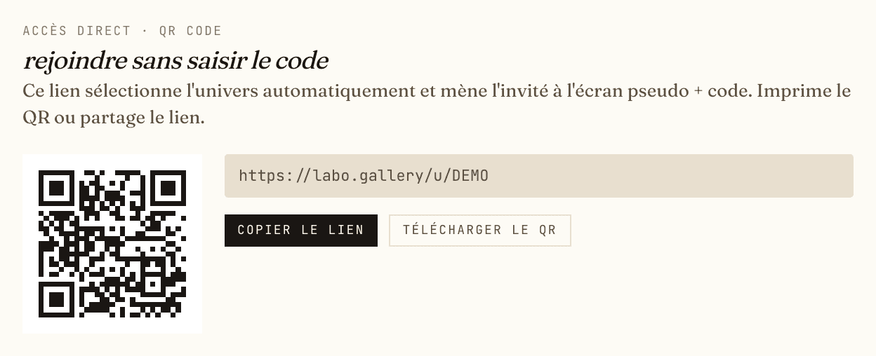 Panneau accès direct de l'admin : QR code, lien https://labo.gallery/u/DEMO, boutons copier le lien et télécharger le QR