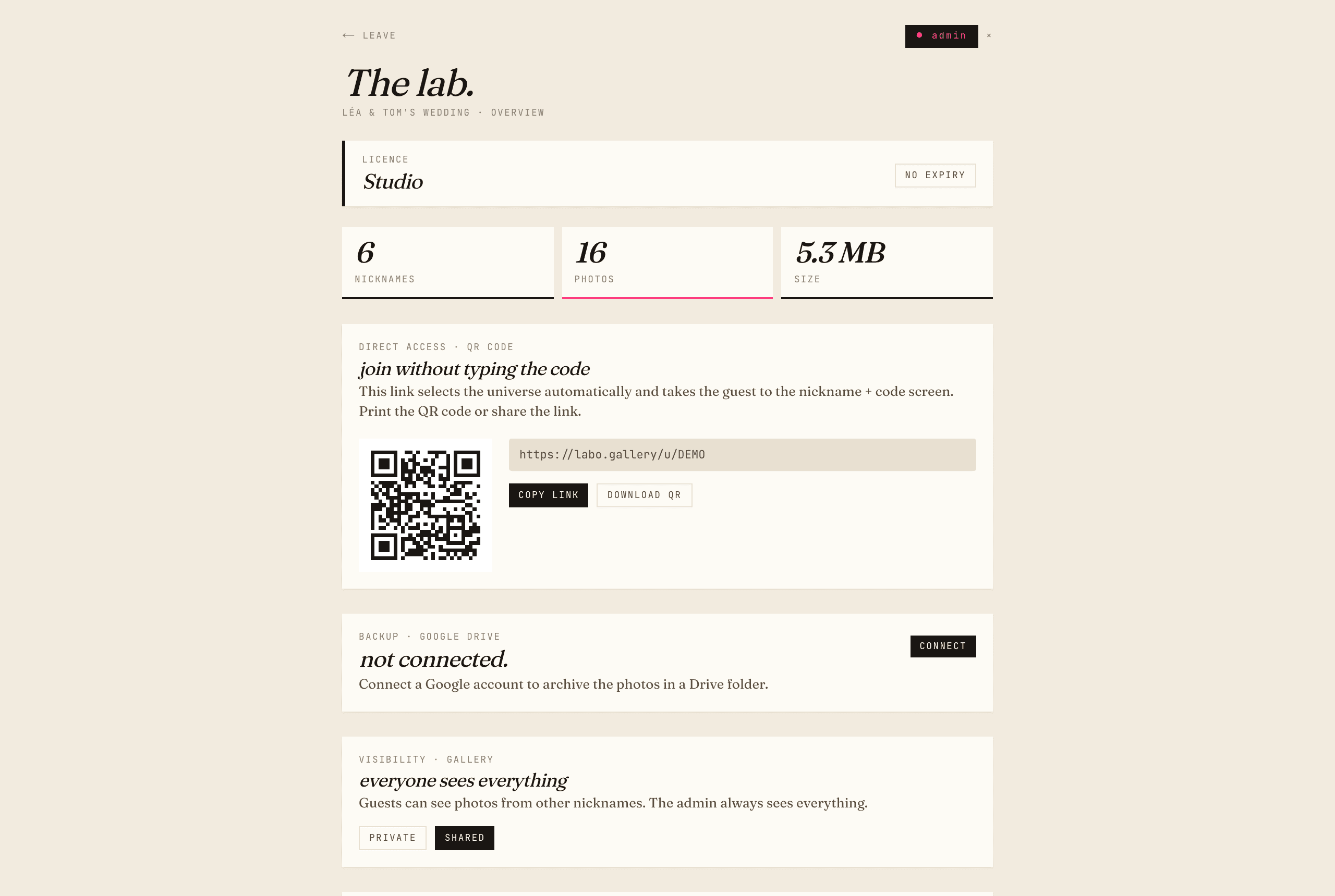 Admin panel on desktop: Studio licence, 6 nicknames, 16 photos, QR code and direct link, Drive backup, gallery visibility