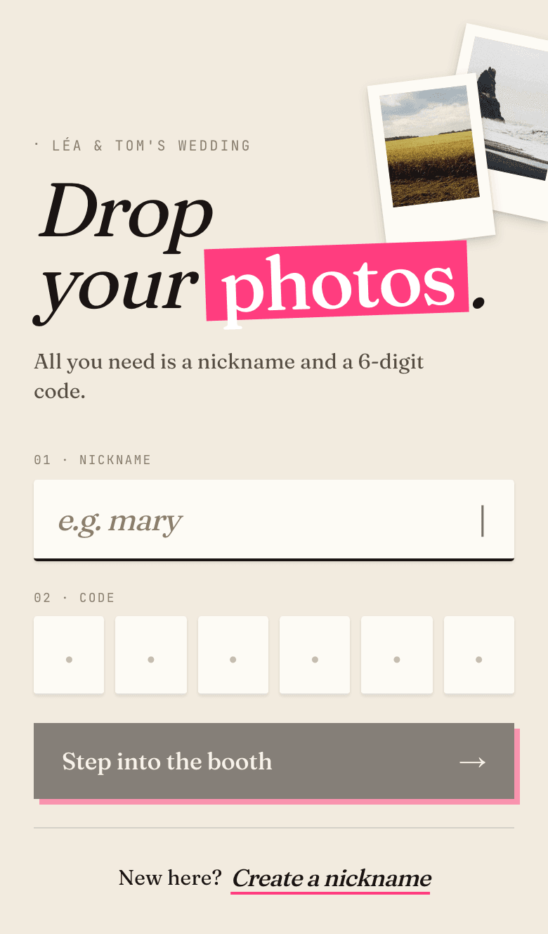 Guest entry screen on a phone: universe name “Léa & Tom's Wedding”, nickname field and 6-digit code