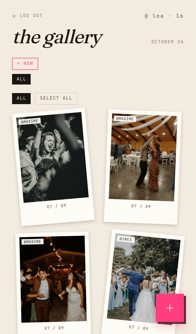 Shared gallery on a phone: wedding photos as polaroids, each signed with the nickname of the guest who dropped it
