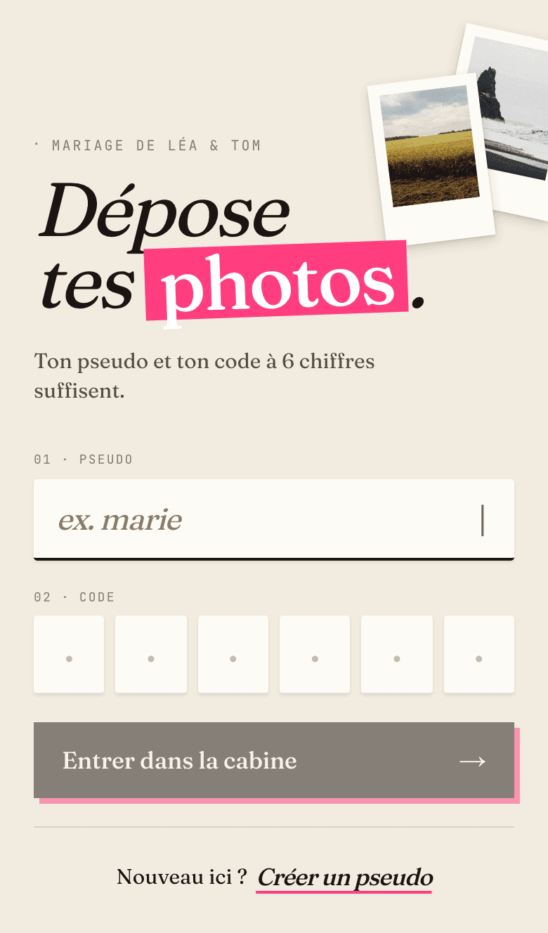 Écran d'entrée d'un invité sur téléphone : nom de l'univers « Mariage de Léa & Tom », champ pseudo et code à 6 chiffres