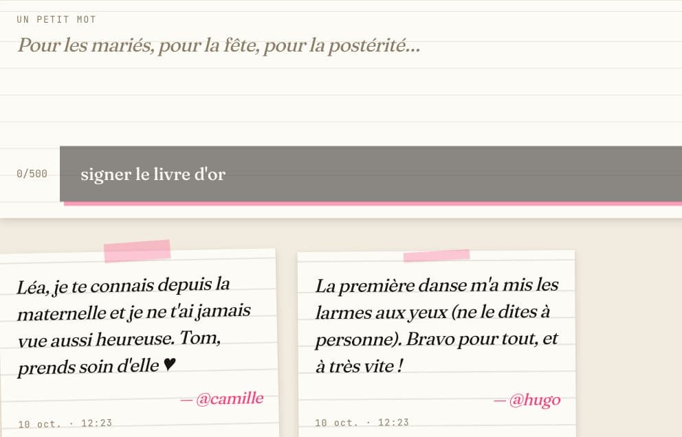 Livre d'or écrit : champ « un petit mot » et cartes papier lignées signées @marie, @thomas, @lea, @tata_jo